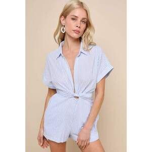 Lulus Bright Disposition White And Blue Striped Seersucker Romper - Size M